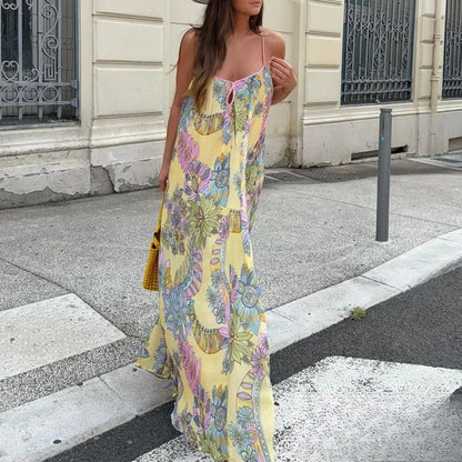 Women's Floral Print Chiffon Backless Cami Maxi Beach Dress