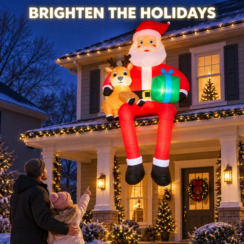 9.5FT Giant Christmas Inflatable Santa Claus Sitting on Roof with Reindeer and Gift Box