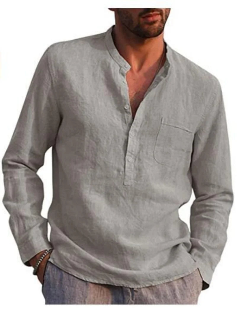 Men's Linen Long Sleeve Stand Collar Shirt