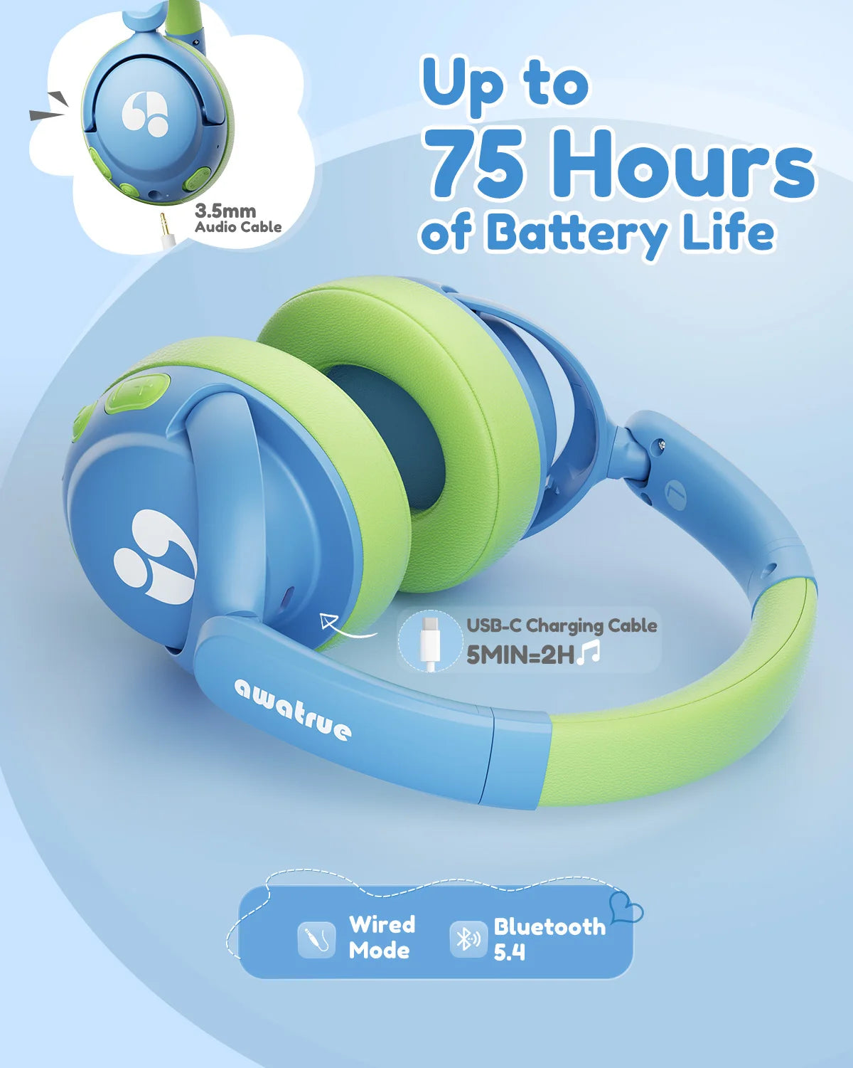 Kids Bluetooth 5.4 85dBA Safe Volume Lightweight Wireless Over-Ear Headsets
