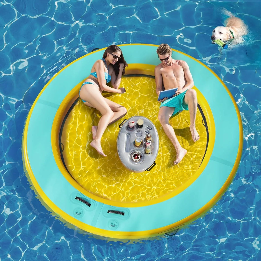 8 FT Round Floating Ring Inflatable Water Hammock with Detachable Ladder