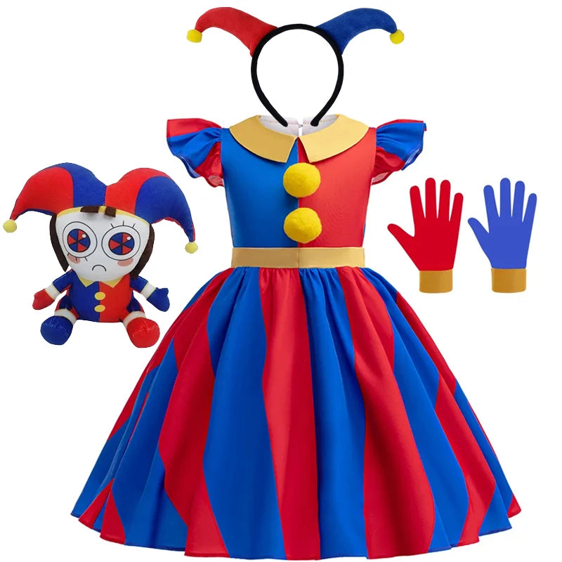 Girls' Digital Circus Pomni Cosplay Costume Set - Red & Blue Clown Dress Outfit for Kids