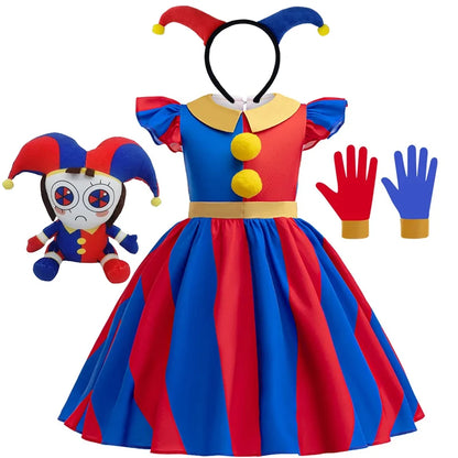 Girls' Digital Circus Pomni Cosplay Costume Set - Red & Blue Clown Dress Outfit for Kids