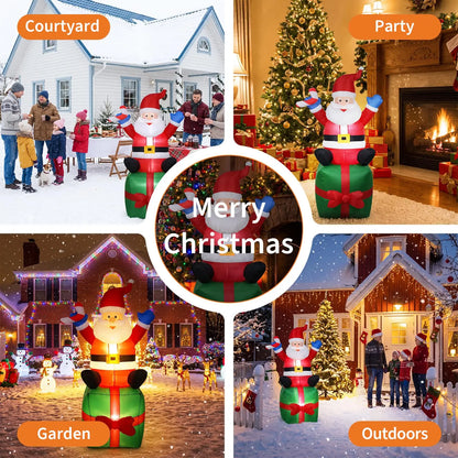 6FT Inflatable Santa Claus Sitting on Gift Box with Candy Cane
