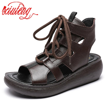 Women's Retro Genuine Leather Lace-Up Peep-Toe Sandals