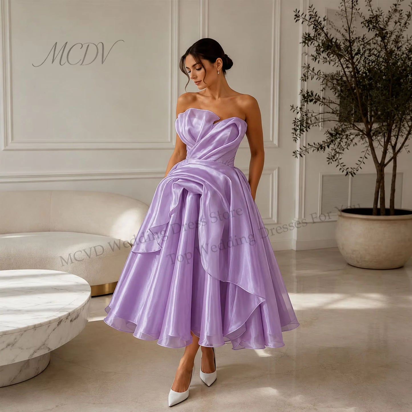 Elegant Strapless Organza A-Line Midi Wedding Dress – Civil Bridal Gown