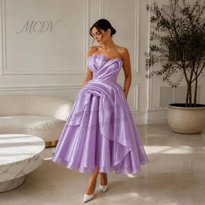 Elegant Strapless Organza A-Line Midi Wedding Dress – Civil Bridal Gown