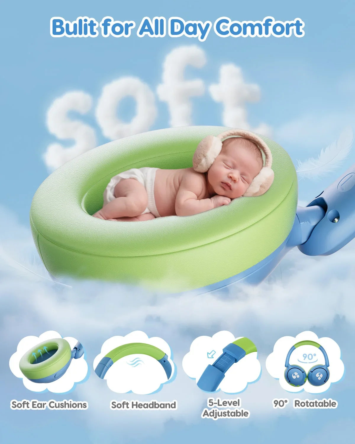 Kids Bluetooth 5.4 85dBA Safe Volume Lightweight Wireless Over-Ear Headsets