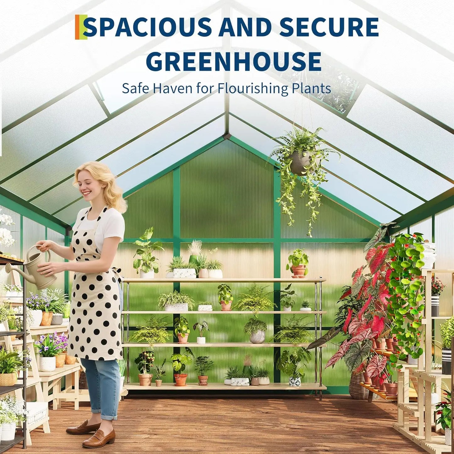 8x10FT Walk-in Polycarbonate Greenhouse with Roof Vent, Ground Nails, Lockable Push Door