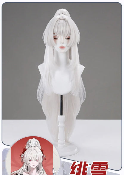 Game Wuthering Waves Hiyuki Cosplay Wig Set - Long White Styled Hair with Red Ribbon Accents