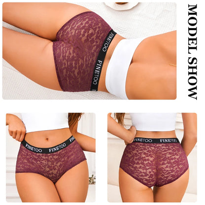 FINETOO Women's Lace Boyshort Panties Set - High-Waist Transparent Mesh Briefs