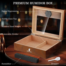 Cedar Wood Desktop Humidors Case with Digital Hygrometer, Humidifier & Divider