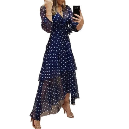 Elegant Dot Printing Dark Blue Pleated Irregular Evening Dress