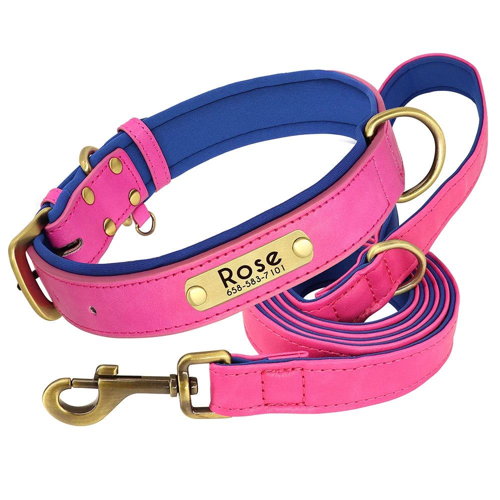 Leather Dog Collar Leash Set Soft Padded