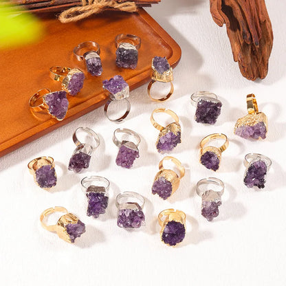 Natural Crystal Reiki Raw Irregular Amethyst Cluster Druzy Adjustable Finger Ring