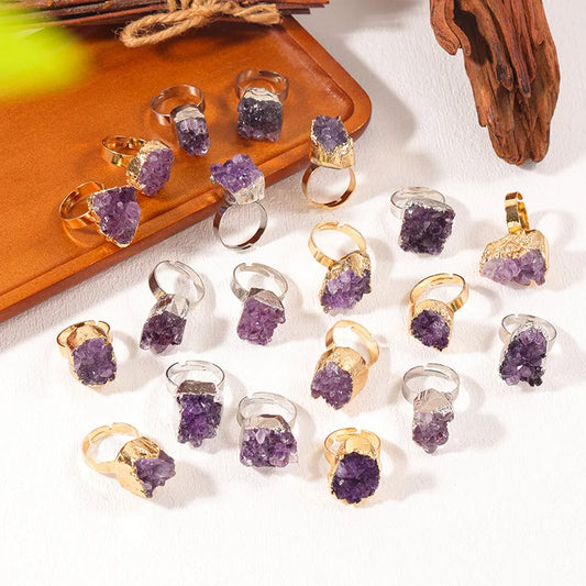 Natural Crystal Reiki Raw Irregular Amethyst Cluster Druzy Adjustable Finger Ring