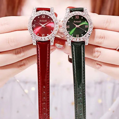 Elegant Rhinestone Leather Strap Quartz Watch