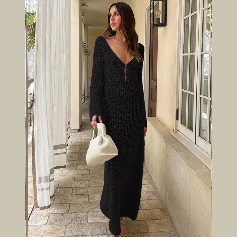 Women's Deep V-Neck Backless Knit Beach Cover-Up Dress