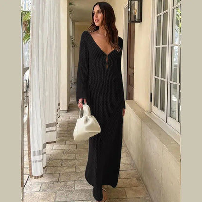 Women's Deep V-Neck Backless Knit Beach Cover-Up Dress