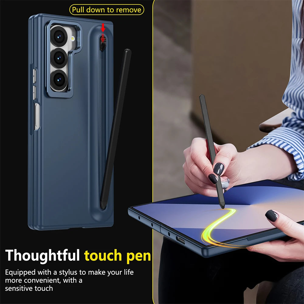 Samsung Galaxy Z Fold Metal Lens Stand Case with S Pen Holder & Tempered Glass Screen Protector