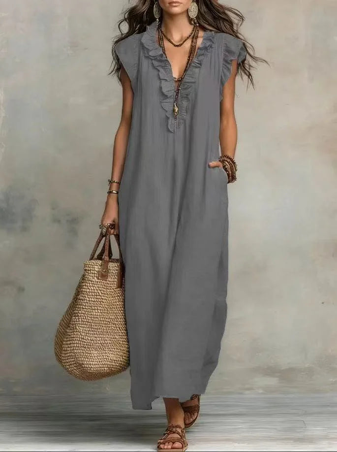 Women's Boho V-Neck Sleeveless Ruffle Solid Color Maxi Dress