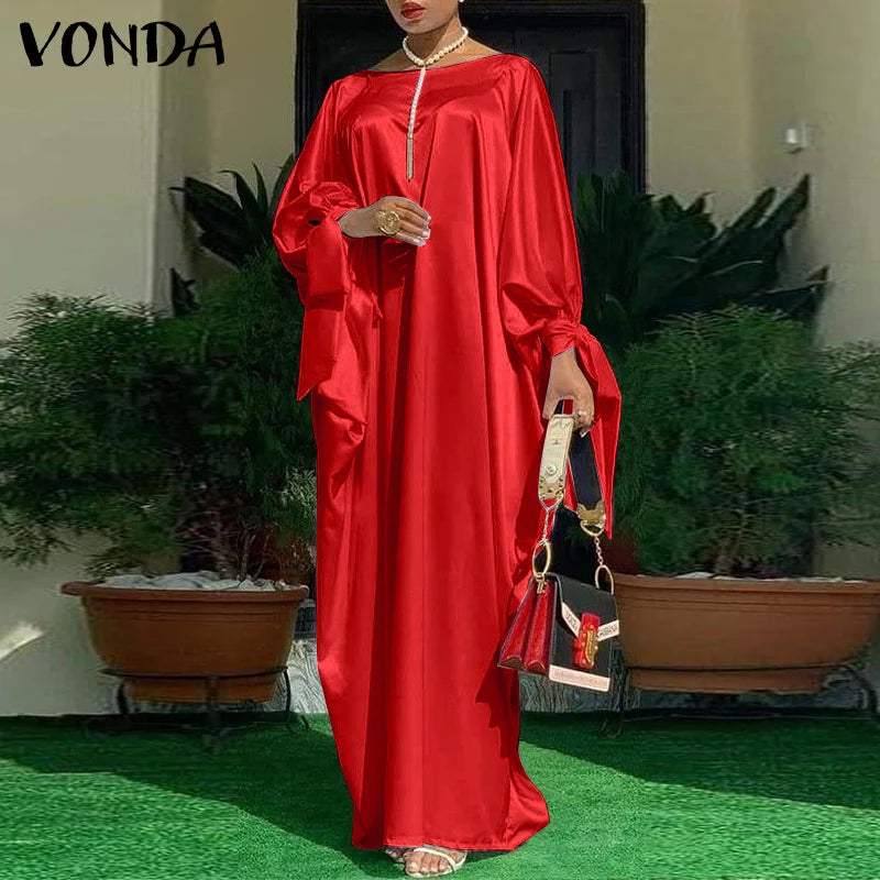 Women’s Long Sleeve Satin Maxi Dress – Vintage Floral Print Boho Sundress