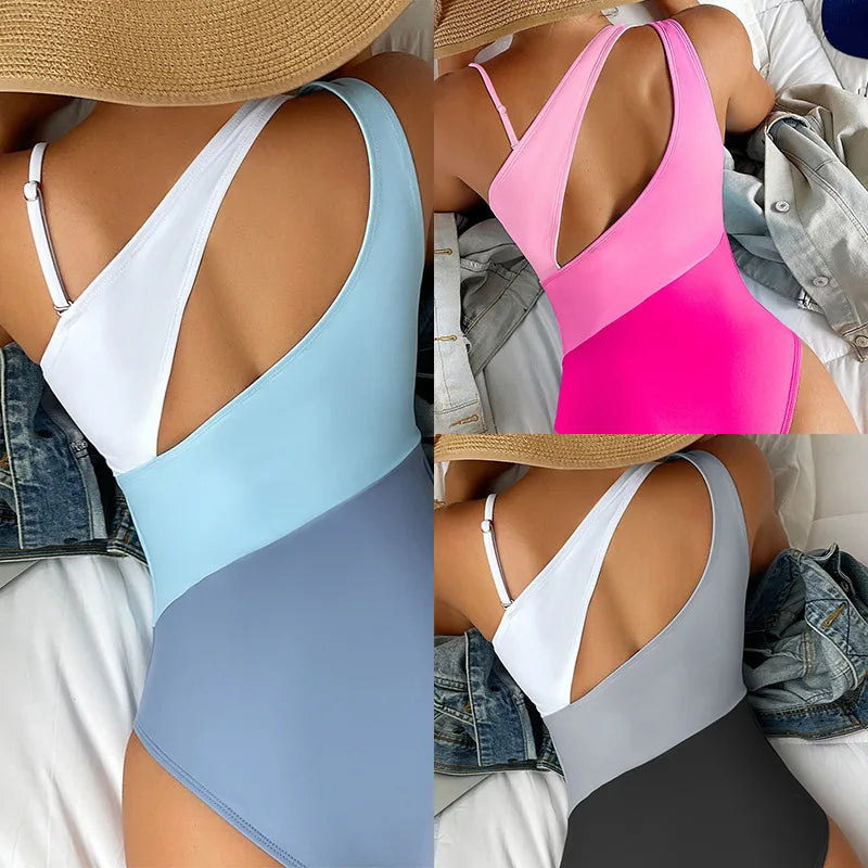 One-shoulder Color-blocking High-waisted One-piece Bikini