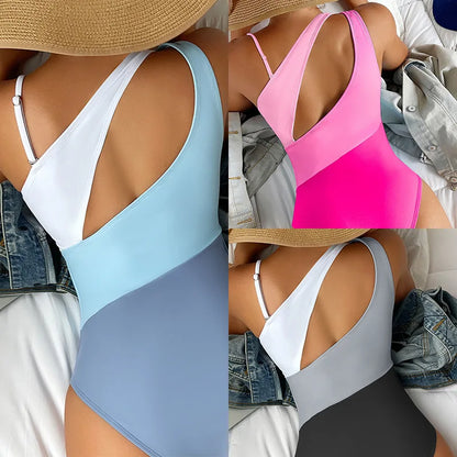 One-shoulder Color-blocking High-waisted One-piece Bikini