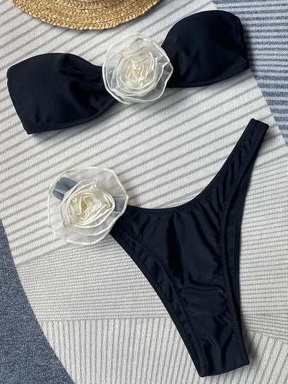 Women's Striped 3-Piece Bikini Set - Strapless Bandeau Top with Matching Beach Skirt Cover-Up