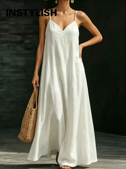 Women’s Casual V-Neck Spaghetti Strap Maxi Dress – Loose Swing Summer Beach Sundress
