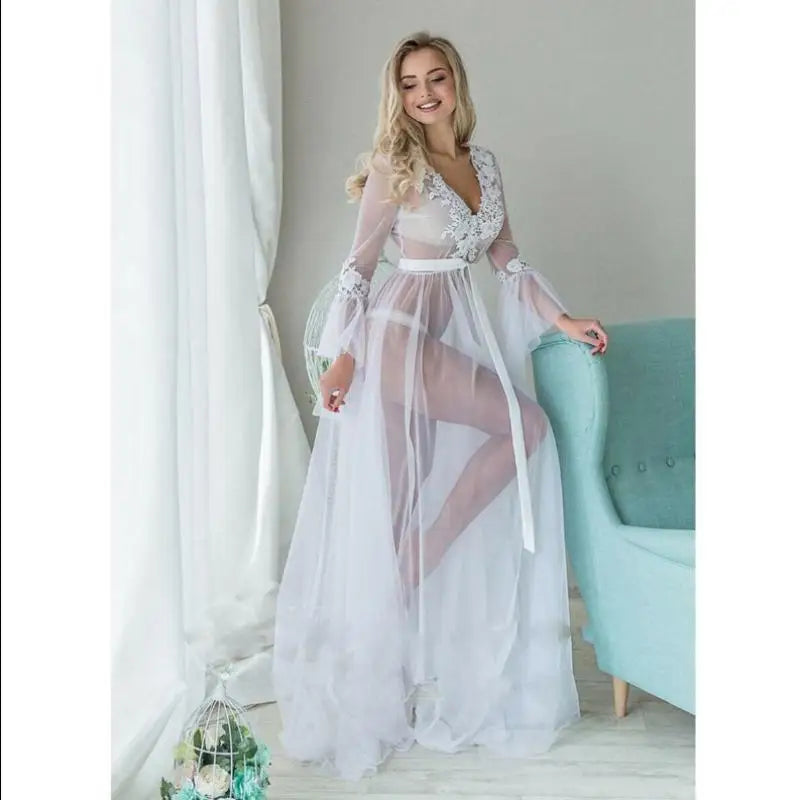 Women's V-Neck Sheer Mesh Beach Cover-Up Maxi Dress