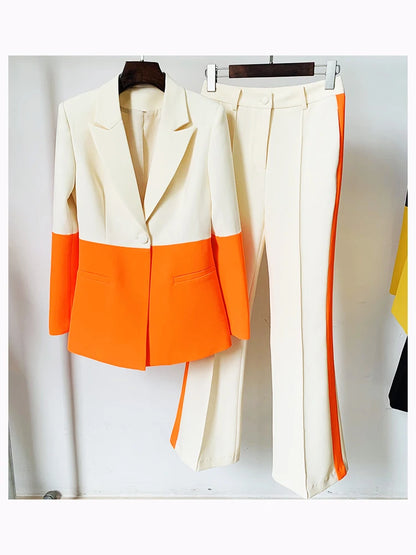 Women’s Color Block Single-Button Blazer & Flare Pants Suit Set – High Street Designer 2PC Outfit