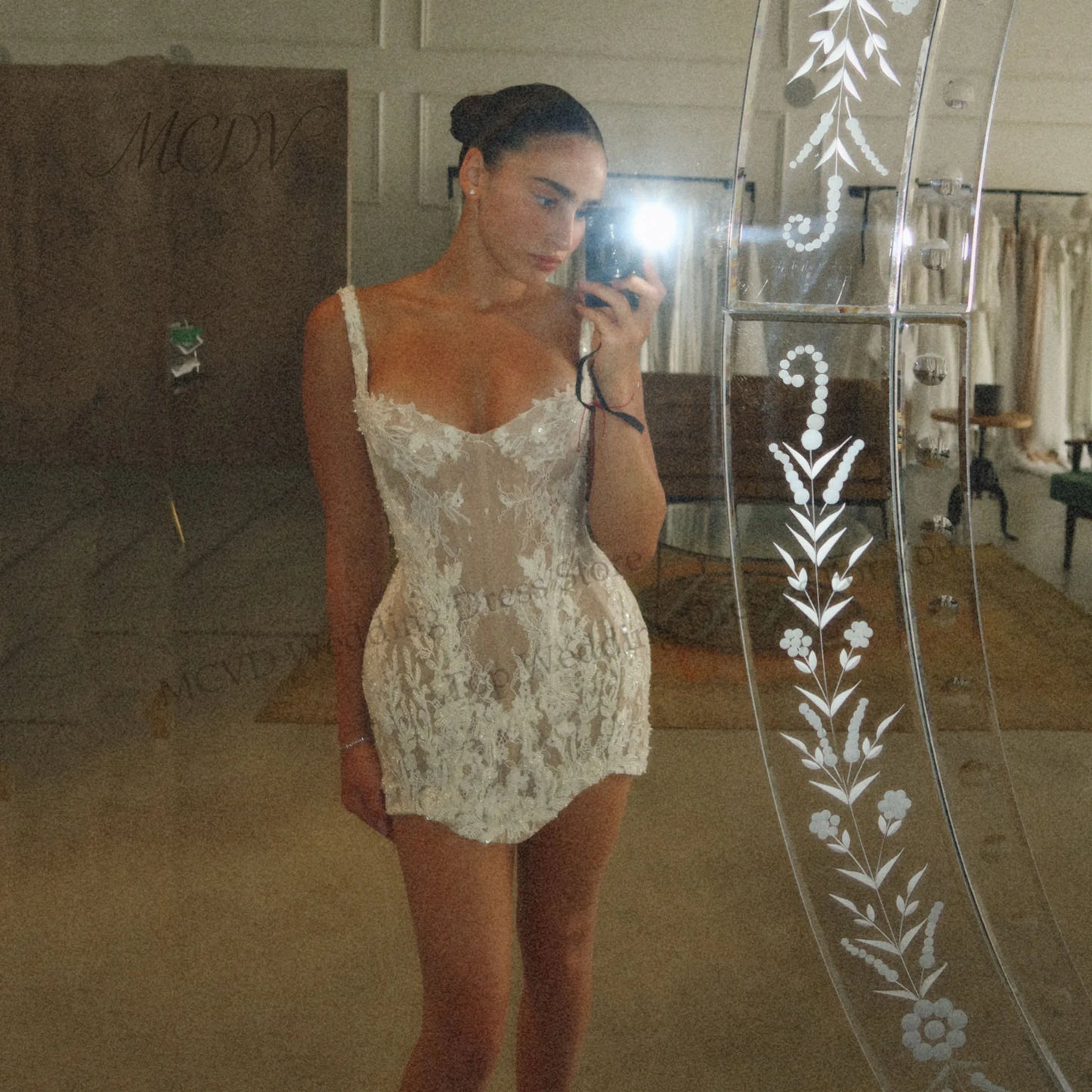 Spaghetti Strap Floral Lace Mini Wedding Dress with Sweetheart Neckline