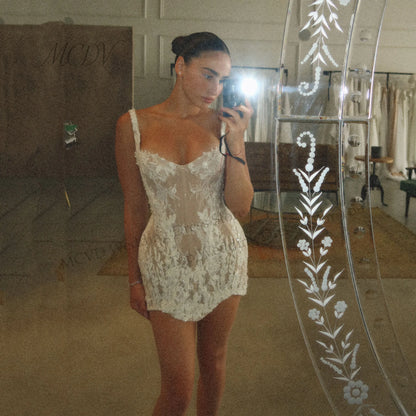 Spaghetti Strap Floral Lace Mini Wedding Dress with Sweetheart Neckline