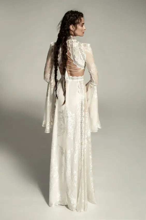 Women's Elegant High-Neck Lace Mermaid Wedding Dress