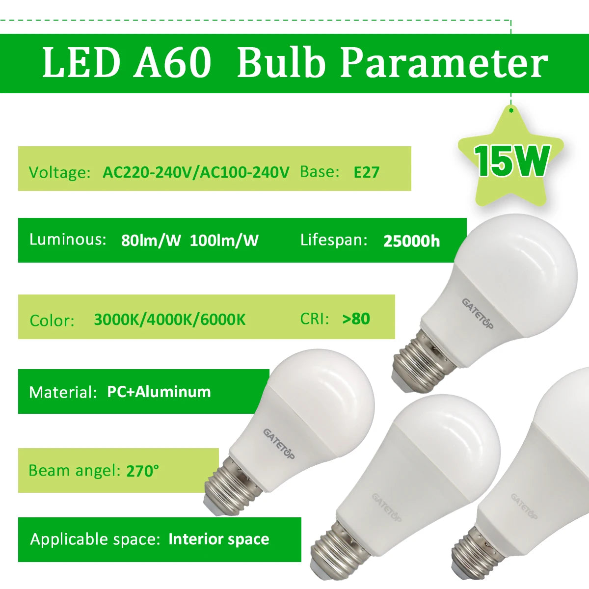 High-Efficiency Energy Saving LED Light Bulb – E27/B22 Base (15W / 3000K–6000K)