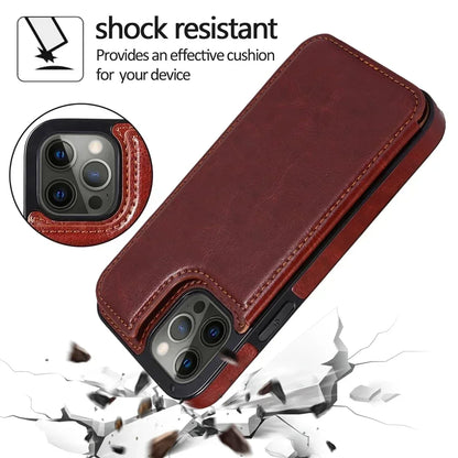 Double Button With Card Slot Stand Flip Leather Case For iPhone