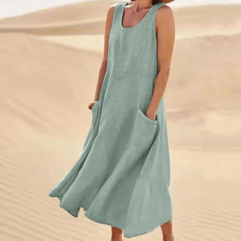 Women's Summer Cotton Linen Sleeveless Loose Maxi Dress with Pockets