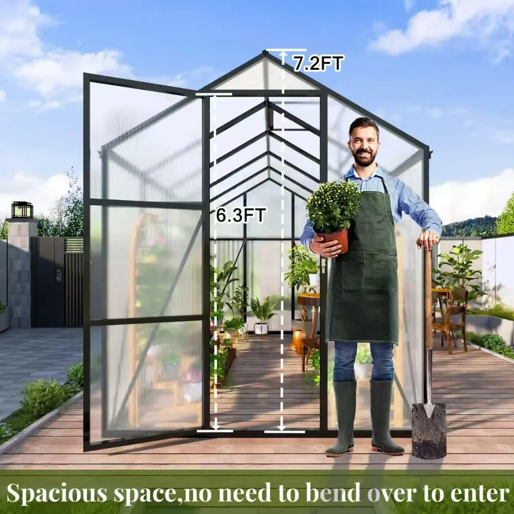 6*8.2FT Polycarbonate Greenhouse 7.2FT High, Enhanced Wind Protection & Stable Roof