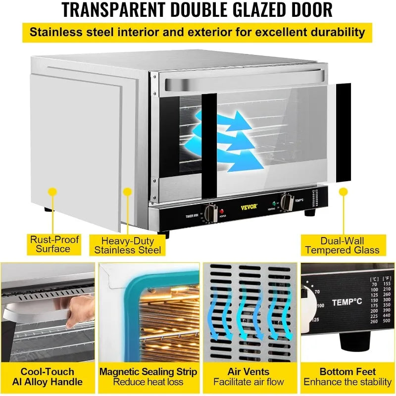 VEVOR Countertop 47L/43Qt, Half-Size Commercial Conventional Oven 1600W 4-Tier Toaster w/Front Glass Door