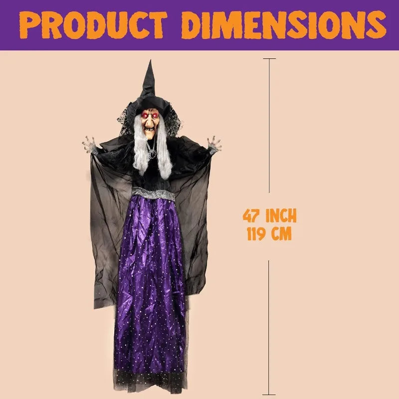 47" Animated Hanging Witch Halloween Prop with Sound Activation & LED Eyes