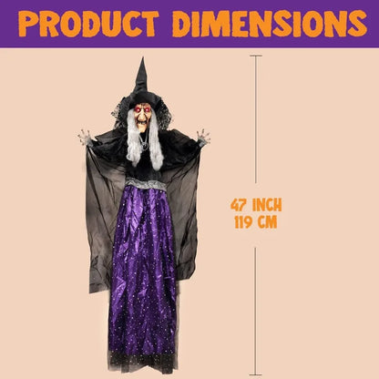 47" Animated Hanging Witch Halloween Prop with Sound Activation & LED Eyes