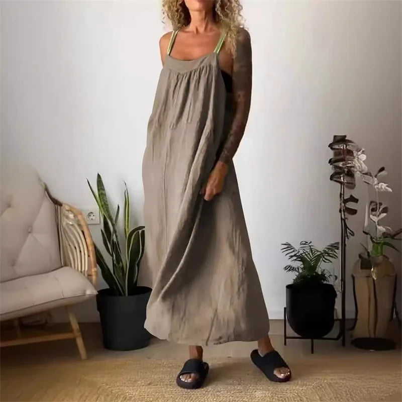 Women's Sleeveless Cotton Linen Casual Maxi Dress