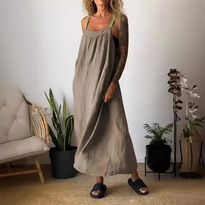 Women's Sleeveless Cotton Linen Casual Maxi Dress
