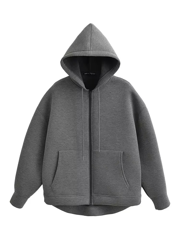 Women's Casual Loose Hooded Zip-Up Jacket with Big Pockets