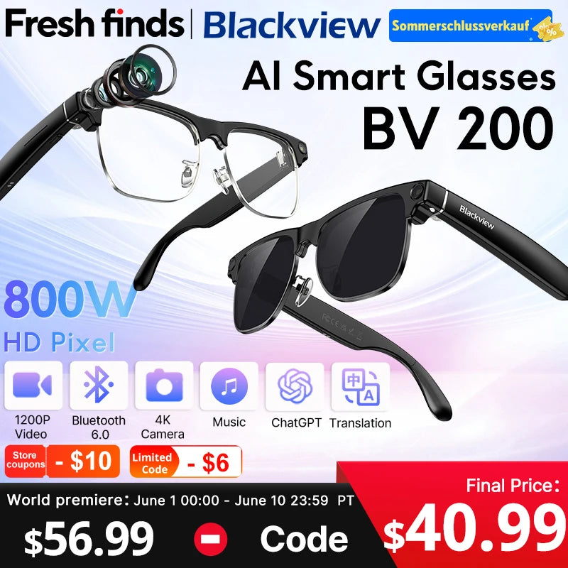 Blackview BV200 Smart AI Glasses with 8MP 4K Camera & AI Translation