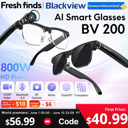 Blackview BV200 Smart AI Glasses with 8MP 4K Camera & AI Translation