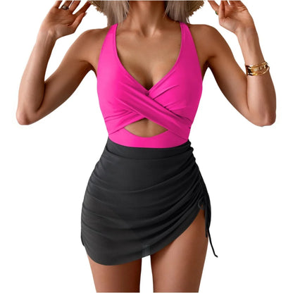 Color Blocking Cross Strap One-Piece Swimsuit