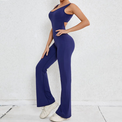 Seamless Backless Scrunch Fitness Flared Leg Jumpsuit