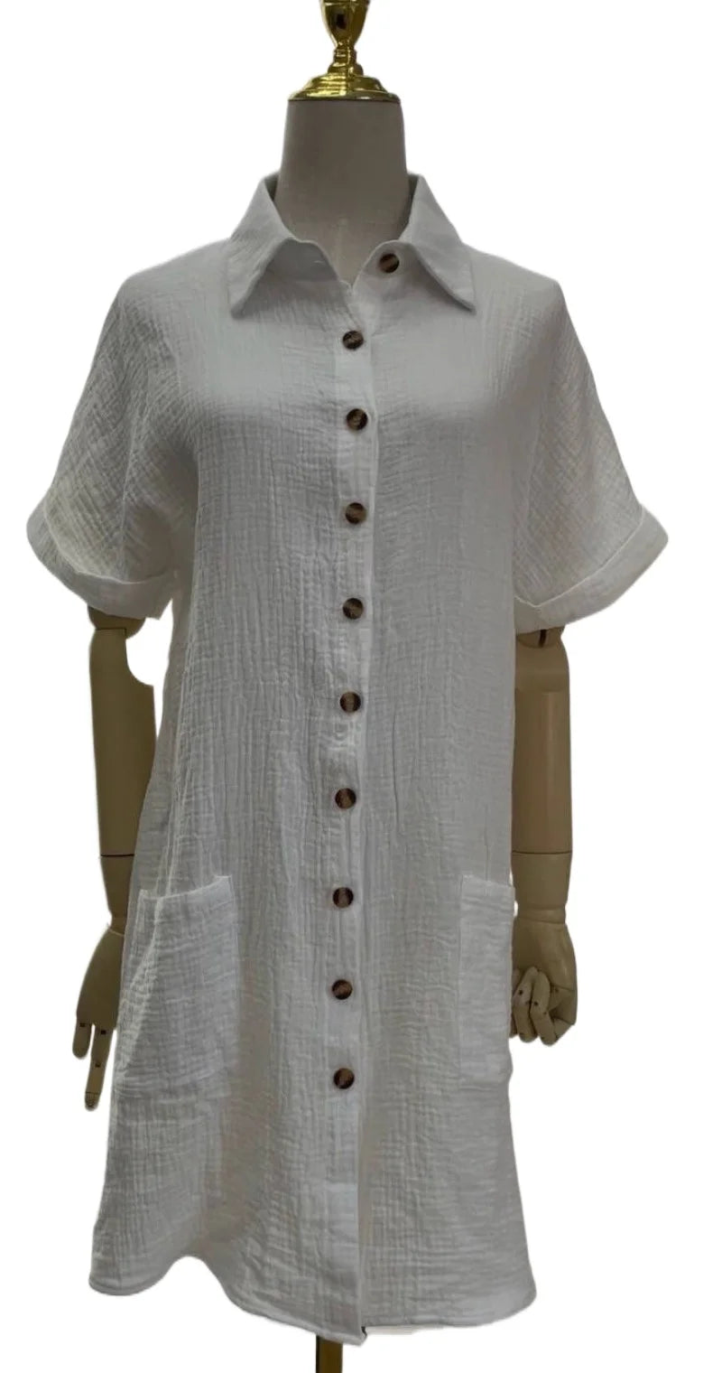 V-Neck Single-Breasted Mini Dress - Casual Loose Fit Short Sleeve Summer Dress